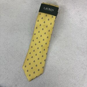 NWT Lauren Ralph Lauren Men's Yellow W/Blue Anchor 100% Silk Tie Nautical Sail